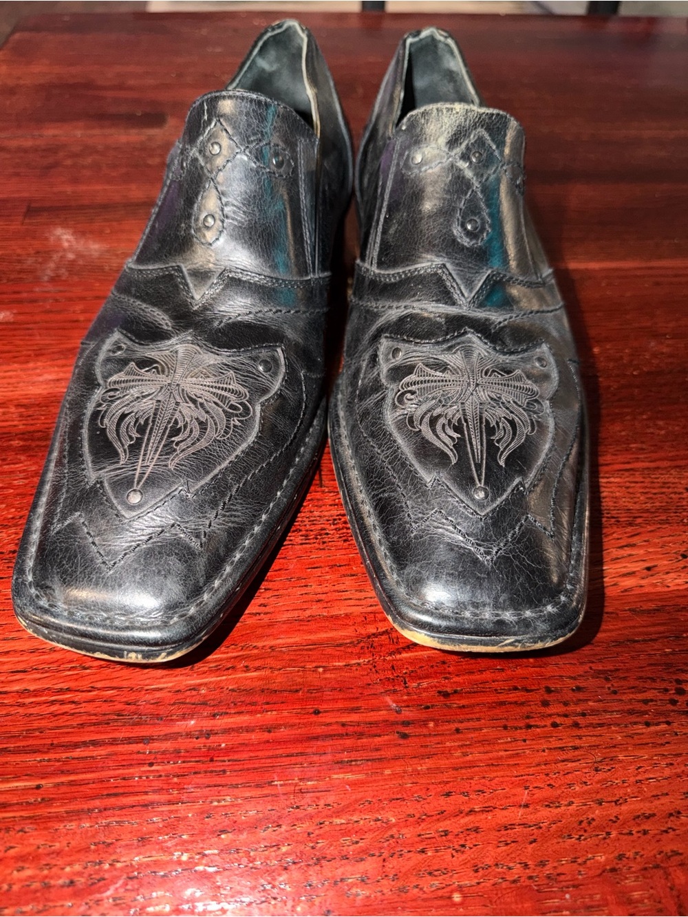 Mark Nason Black Leather Cowboy Slip-On Shoes with Embossed Toe
